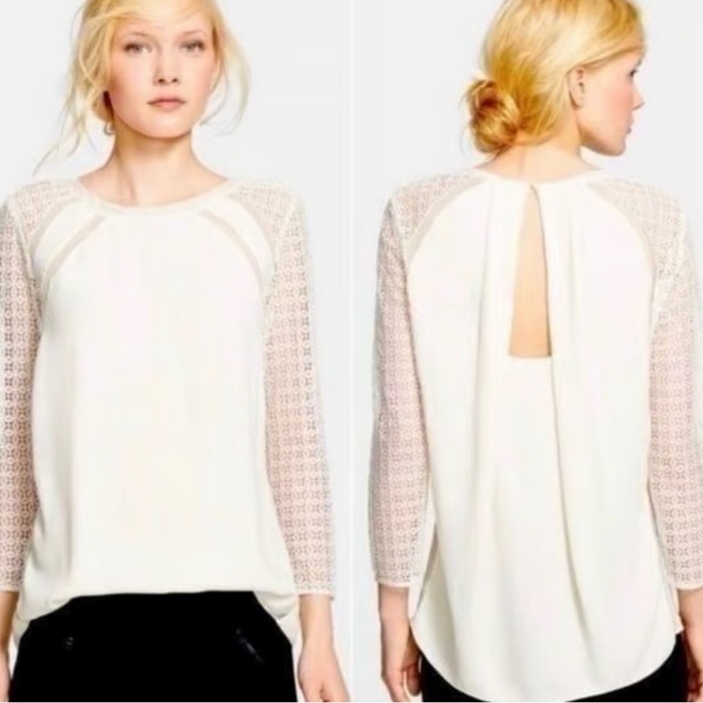 Rebecca Taylor Cream Lace Sleeve Split-Back Blouse